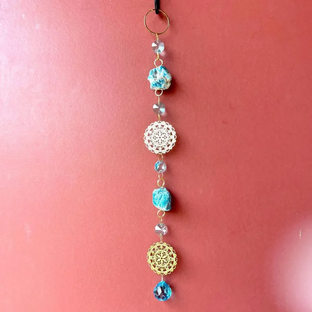 Raw Blue Apatite Hanging | Gold Mandala Filigree Charm | Blue Crystal Prism